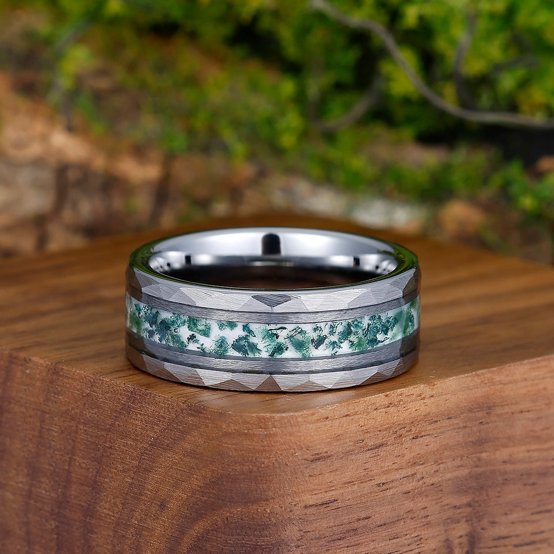 Stylish Men's 8mm Tungsten Ring Moss Agate - Black, Rose Gold, Yellow Gold Anniversary & Promise Band