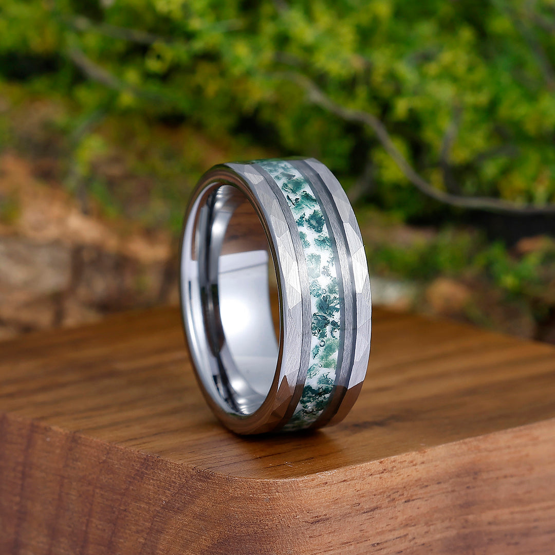 Stylish Men's 8mm Tungsten Ring Moss Agate - Black, Rose Gold, Yellow Gold Anniversary & Promise Band
