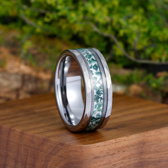 Stylish Men's 8mm Tungsten Ring Moss Agate - Black, Rose Gold, Yellow Gold Anniversary & Promise Band