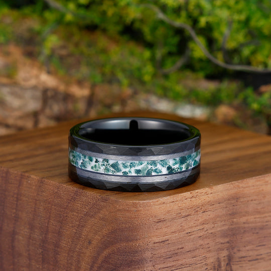 Stylish Men's 8mm Tungsten Ring Moss Agate - Black, Rose Gold, Yellow Gold Anniversary & Promise Band