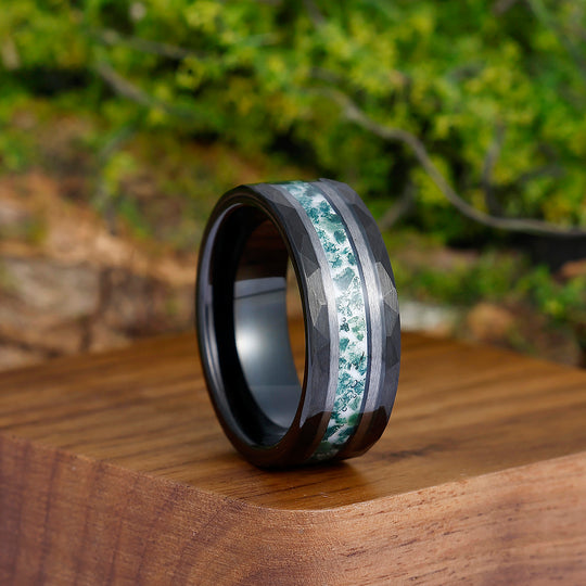 Stylish Men's 8mm Tungsten Ring Moss Agate - Black, Rose Gold, Yellow Gold Anniversary & Promise Band