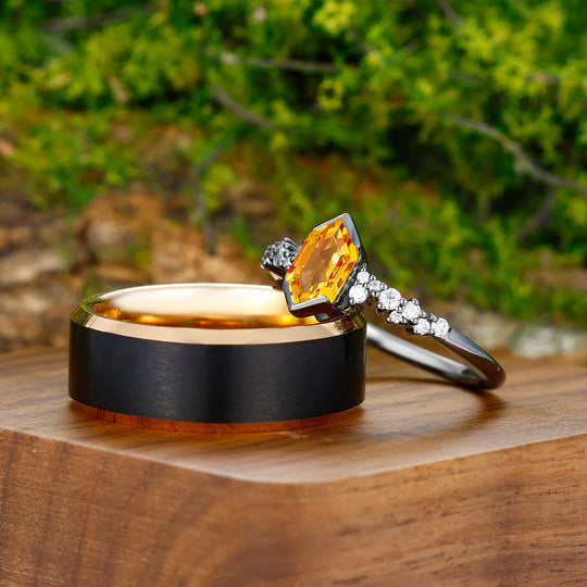 1.1CT Long Hexagon Cut Citrine Engagement His and Hers Wedding Ring Sterling Silver And Tungsten Matching Ring