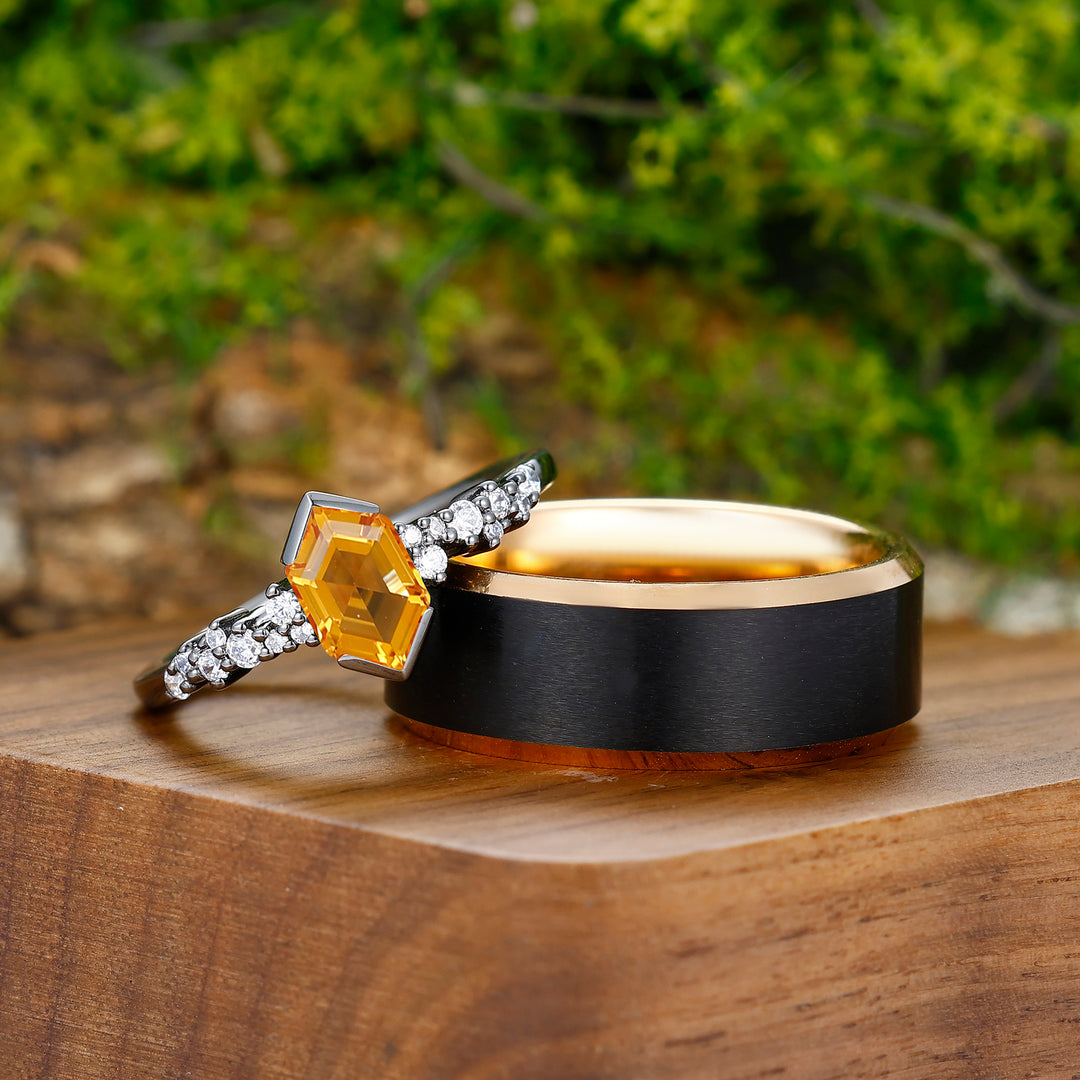 1.1CT Long Hexagon Cut Citrine Engagement His and Hers Wedding Ring Sterling Silver And Tungsten Matching Ring