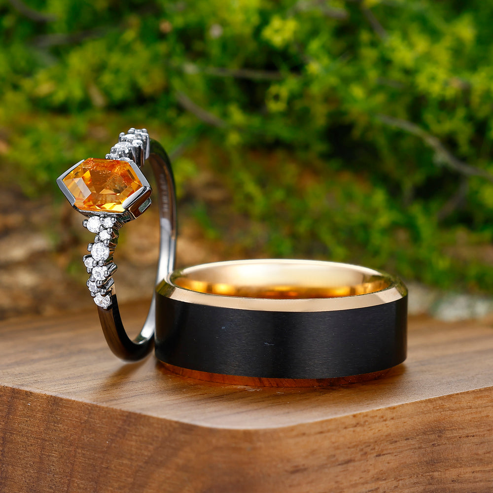 1.1CT Long Hexagon Cut Citrine Engagement His and Hers Wedding Ring Sterling Silver And Tungsten Matching Ring