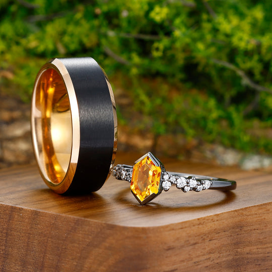 1.1CT Long Hexagon Cut Citrine Engagement His and Hers Wedding Ring Sterling Silver And Tungsten Matching Ring