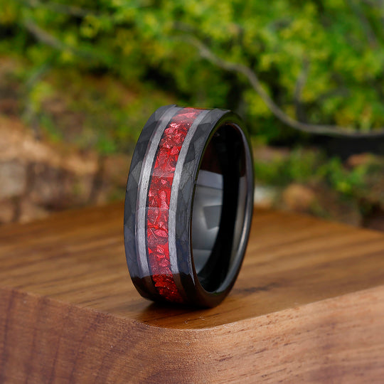 Personalized Red Ruby Tungsten Couple Rings Unisex 8mm Hammered Wedding Rings