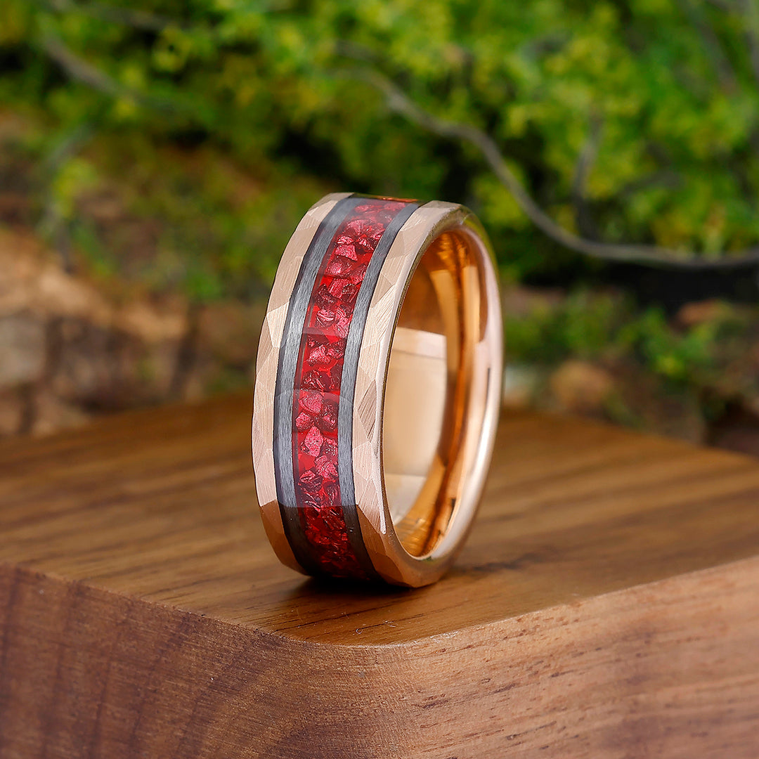 Personalized Red Ruby Tungsten Couple Rings Unisex 8mm Hammered Wedding Rings