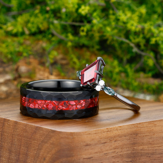 1.35CT Kite Cut Natural Red Garnet Engagement Couples Ring Set 925 Sterling Silver And Tungsten Matching Ring