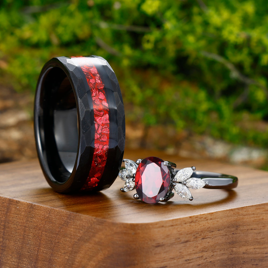 1.5CT Oval Cut Red Garnet Engagement His and Hers Wedding Band Silver And Tungsten Matching Ring