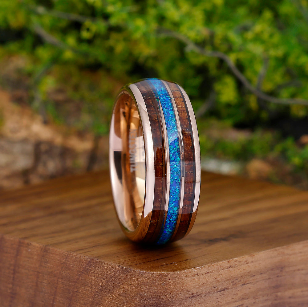 Subtle Blue Opal Batten Men' s Wedding Band Polished Dome Tungsten Ring For Birthday Gift