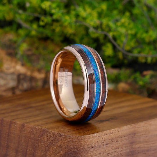 Subtle Blue Opal Batten Men' s Wedding Band Polished Dome Tungsten Ring For Birthday Gift