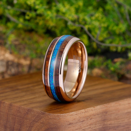 Subtle Blue Opal Batten Men' s Wedding Band Polished Dome Tungsten Ring For Birthday Gift