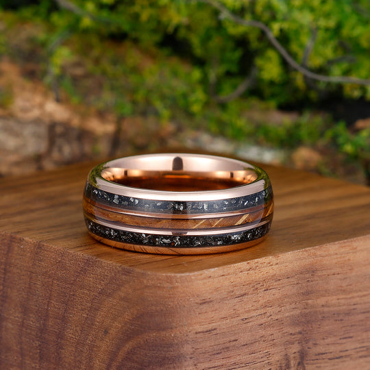 Wood Strips Black Meteorite Tungsten Wedding Band Rose Gold Plated Polished Dome Tungsten Men' s Anniversary Ring