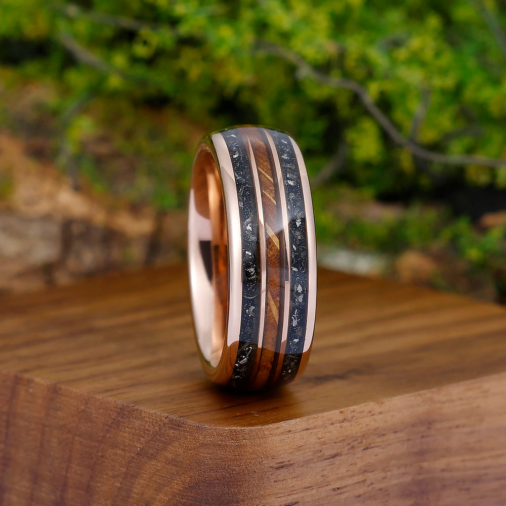 Wood Strips Black Meteorite Tungsten Wedding Band Rose Gold Plated Polished Dome Tungsten Men' s Anniversary Ring