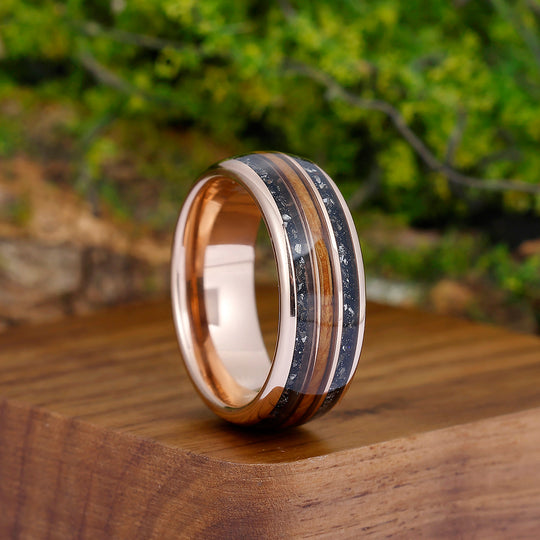 Wood Strips Black Meteorite Tungsten Wedding Band Rose Gold Plated Polished Dome Tungsten Men' s Anniversary Ring