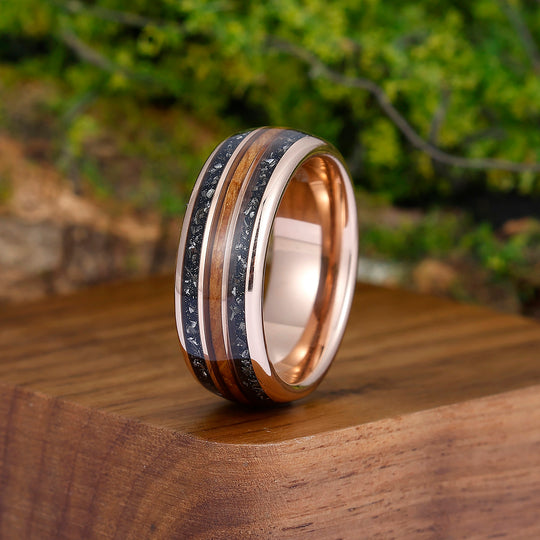 Wood Strips Black Meteorite Tungsten Wedding Band Rose Gold Plated Polished Dome Tungsten Men' s Anniversary Ring