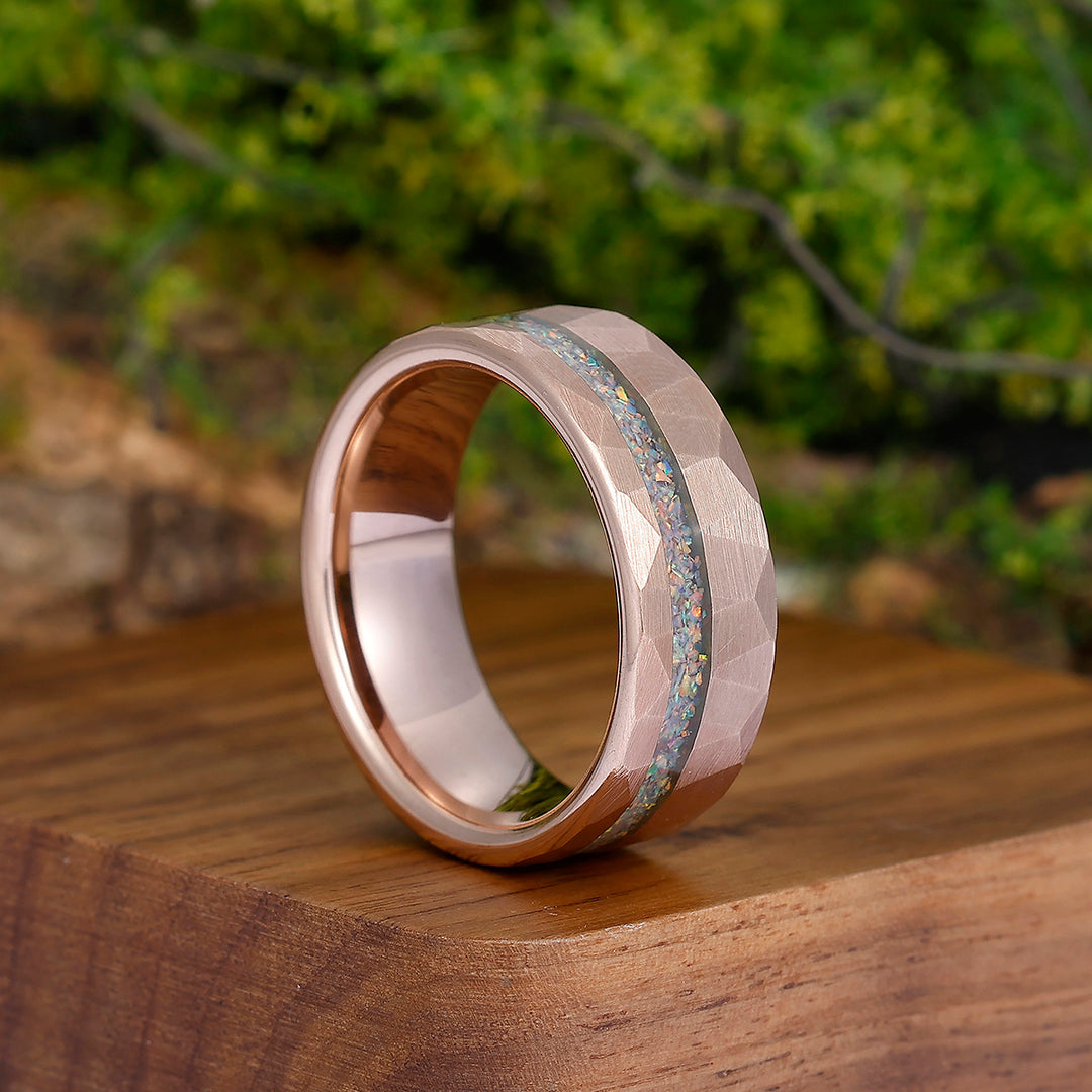 Pink White Opal Rose Gold Plated Tungsten Wedding Band Hammer Men' s Unisex Ring