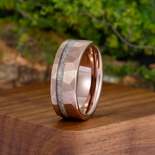 Pink White Opal Rose Gold Plated Tungsten Wedding Band Hammer Men' s Unisex Ring