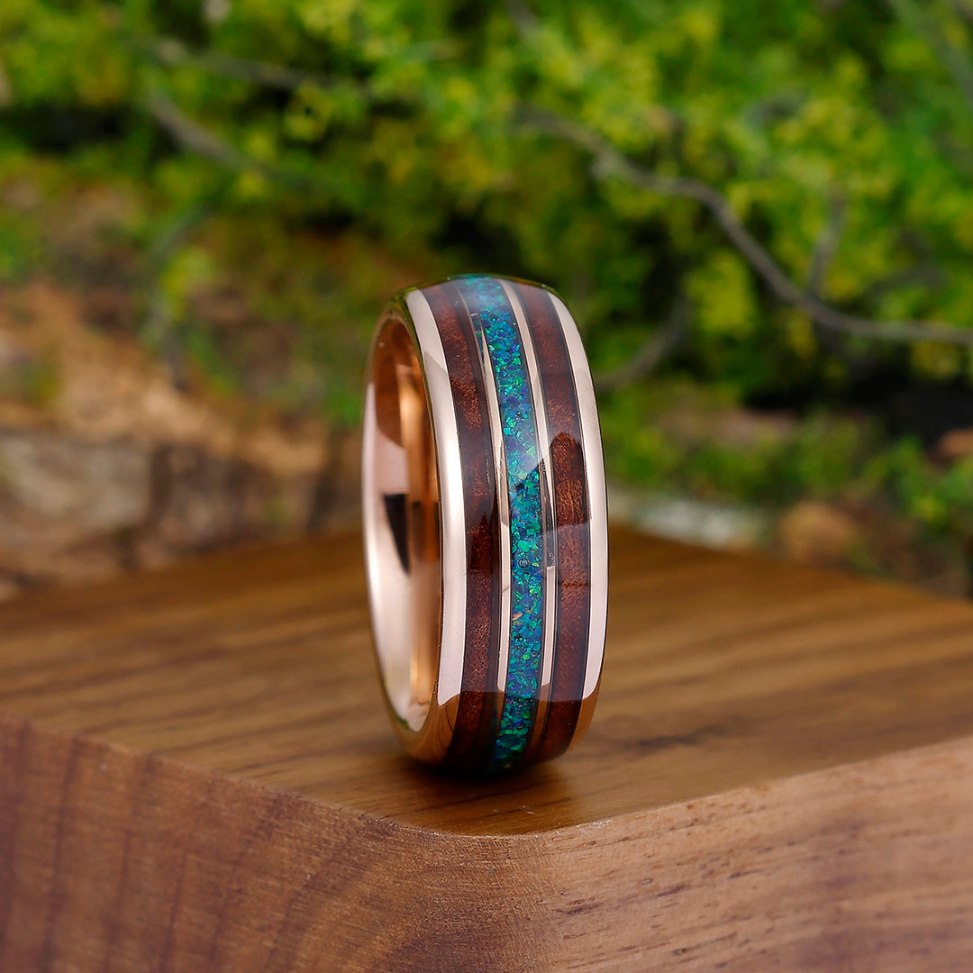 8mm Peacock Blue Opal Wood Tungsten Wedding Band Glossy Substantial Men' s Unisex Ring