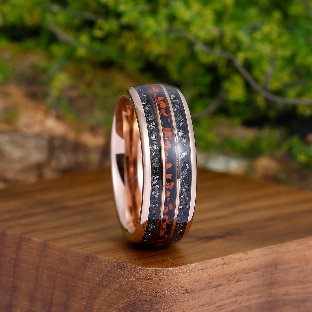 Dark Red Gravel Black Meteorite Men' s Unisex Ring Polished Long-lasting Tungsten Wedding Band