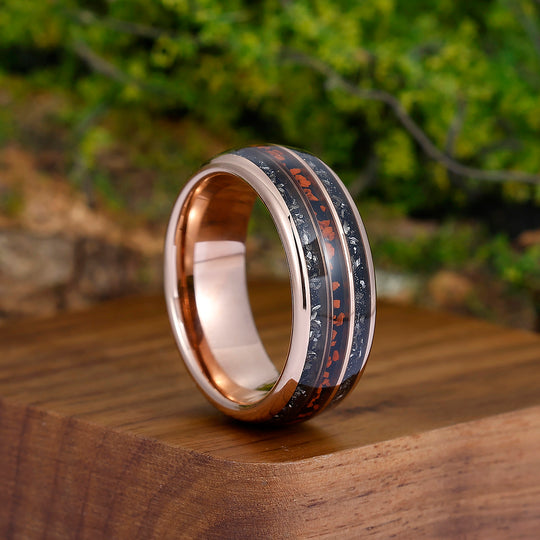 Dark Red Gravel Black Meteorite Men' s Unisex Ring Polished Long-lasting Tungsten Wedding Band