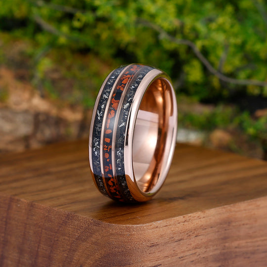 Dark Red Gravel Black Meteorite Men' s Unisex Ring Polished Long-lasting Tungsten Wedding Band