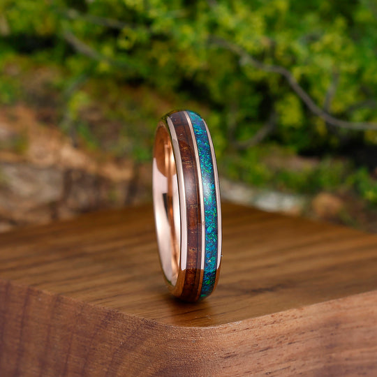 5mm Peacock Blue Opal Wood Tungsten Wedding Band Narrow Polished Tungsten Women Unisex Ring