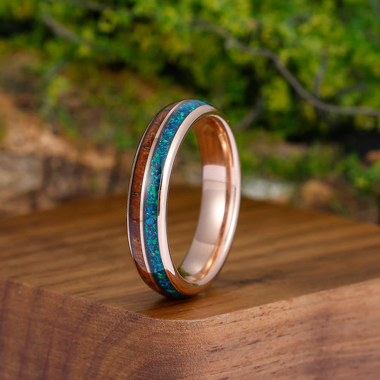 5mm Peacock Blue Opal Wood Tungsten Wedding Band Narrow Polished Tungsten Women Unisex Ring