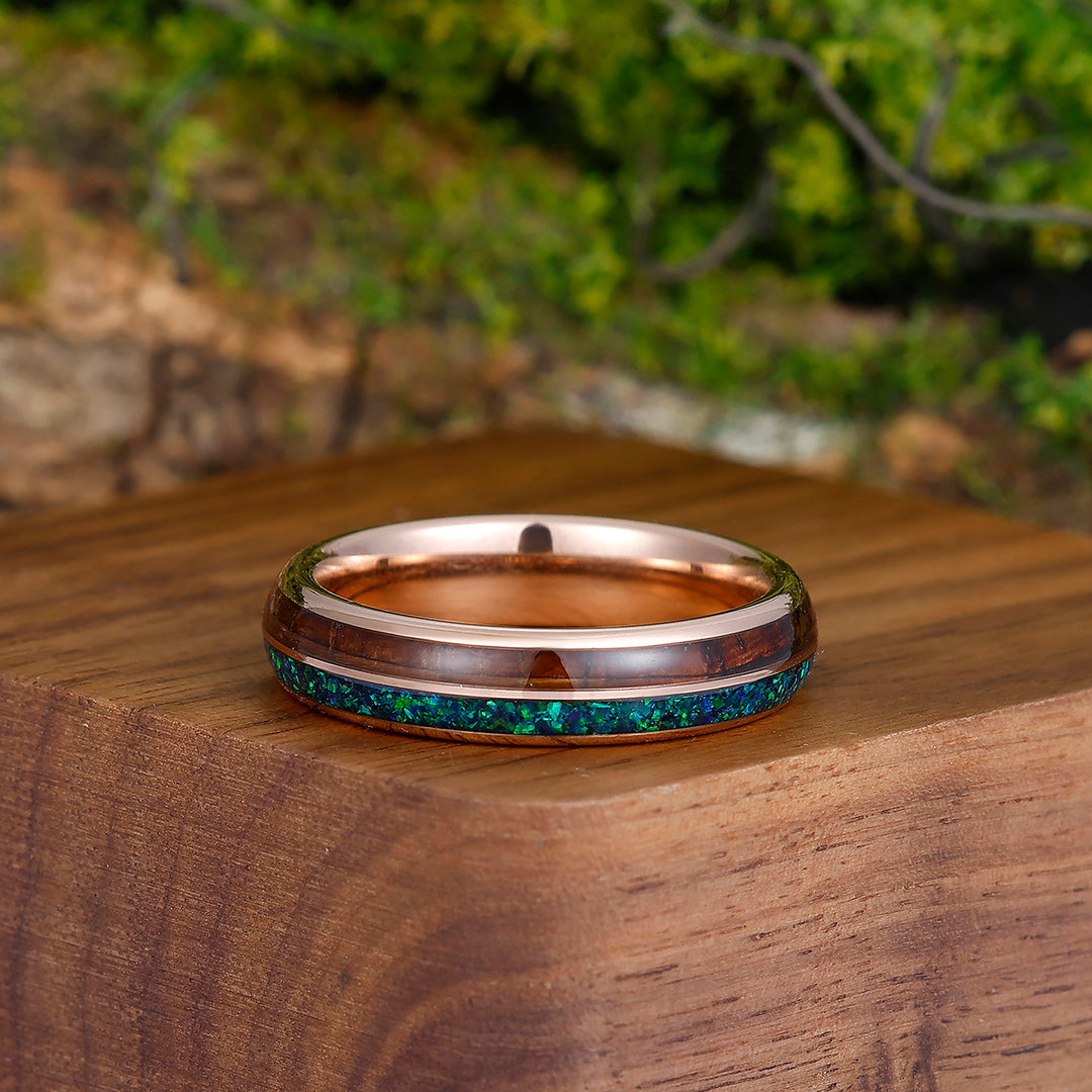 5mm Peacock Blue Opal Wood Tungsten Wedding Band Narrow Polished Tungsten Women Unisex Ring