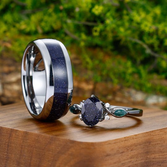 1.5CT Oval Cut Blue Sandstone Engagement Moss Agate Inlaid Couple Ring Set