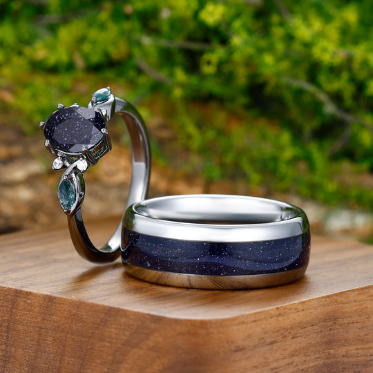 1.5CT Oval Cut Blue Sandstone Engagement Moss Agate Inlaid Couple Ring Set