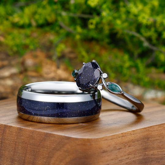 1.5CT Oval Cut Blue Sandstone Engagement Moss Agate Inlaid Couple Ring Set