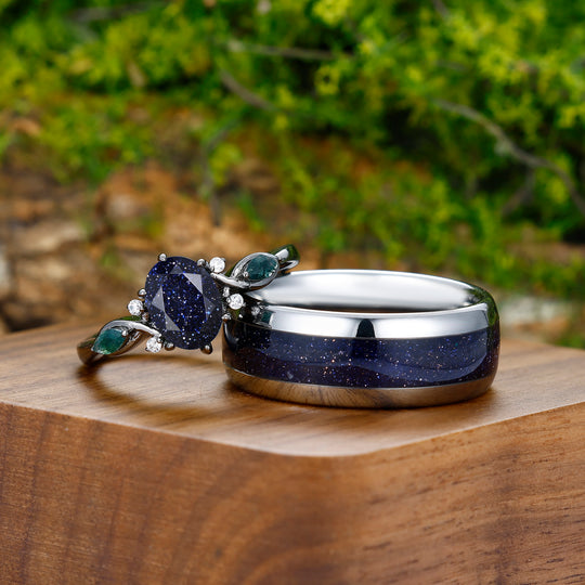 1.5CT Oval Cut Blue Sandstone Engagement Moss Agate Inlaid Couple Ring Set