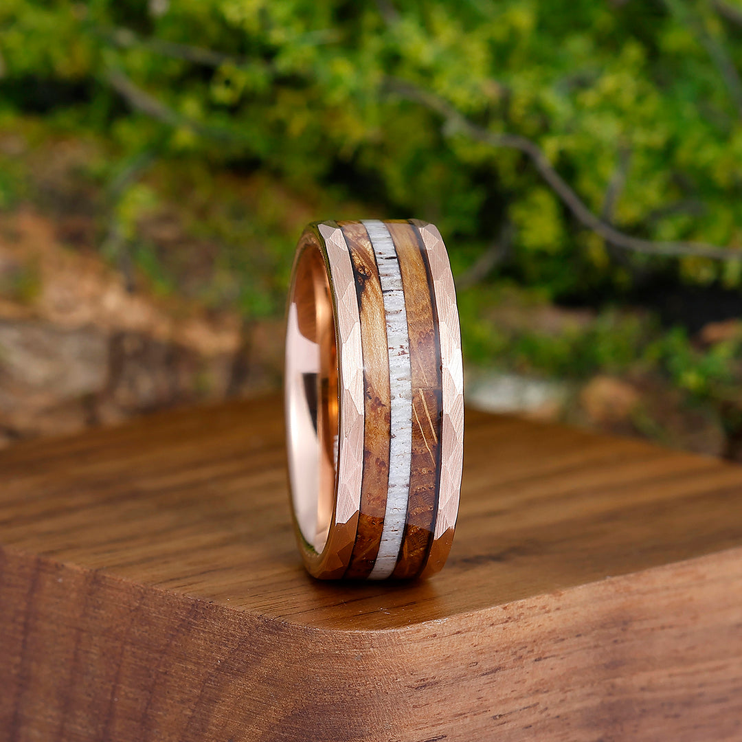 Tactile Wood Strips Tungsten Wedding Band Rose Gold Plated Smooth Ring Unisex Ring Gift