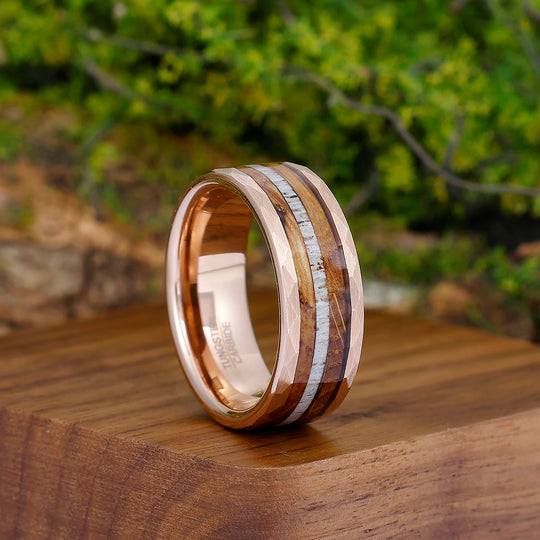 Tactile Wood Strips Tungsten Wedding Band Rose Gold Plated Smooth Ring Unisex Ring Gift