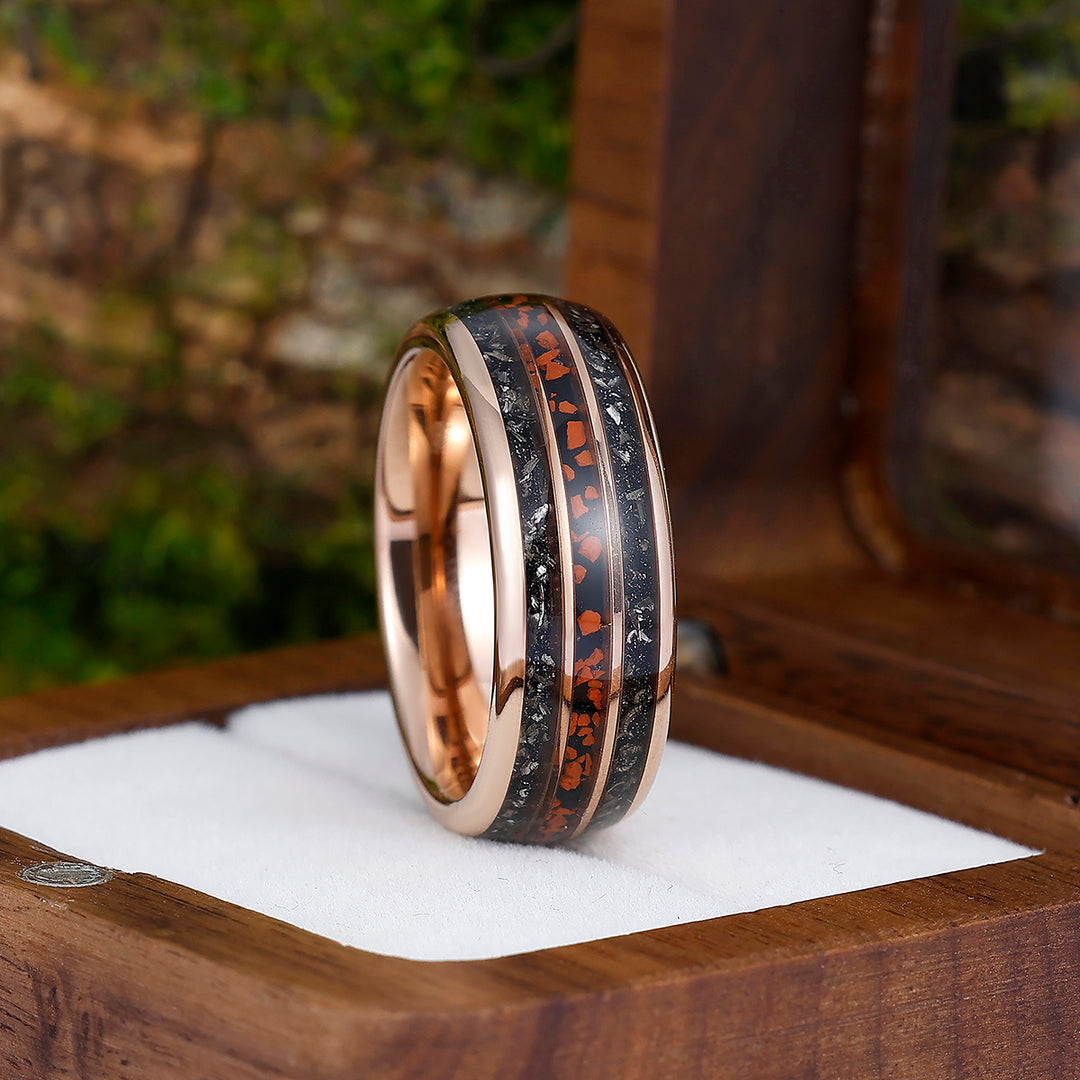 Dark Red Gravel Black Meteorite Men' s Unisex Ring Polished Long-lasting Tungsten Wedding Band