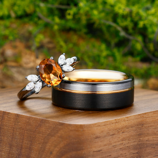 1.5CT Oval Cut Citrine Engagement Moissanite Inlaid Couples Ring Set Sterling Silver And Tungsten Matching Ring