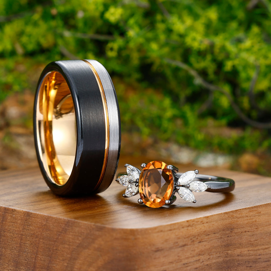 1.5CT Oval Cut Citrine Engagement Moissanite Inlaid Couples Ring Set Sterling Silver And Tungsten Matching Ring