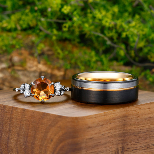 0.5CT Round Cut Citrine Engagement Couples Ring Set Sterling Silver And Tungsten Matching Ring