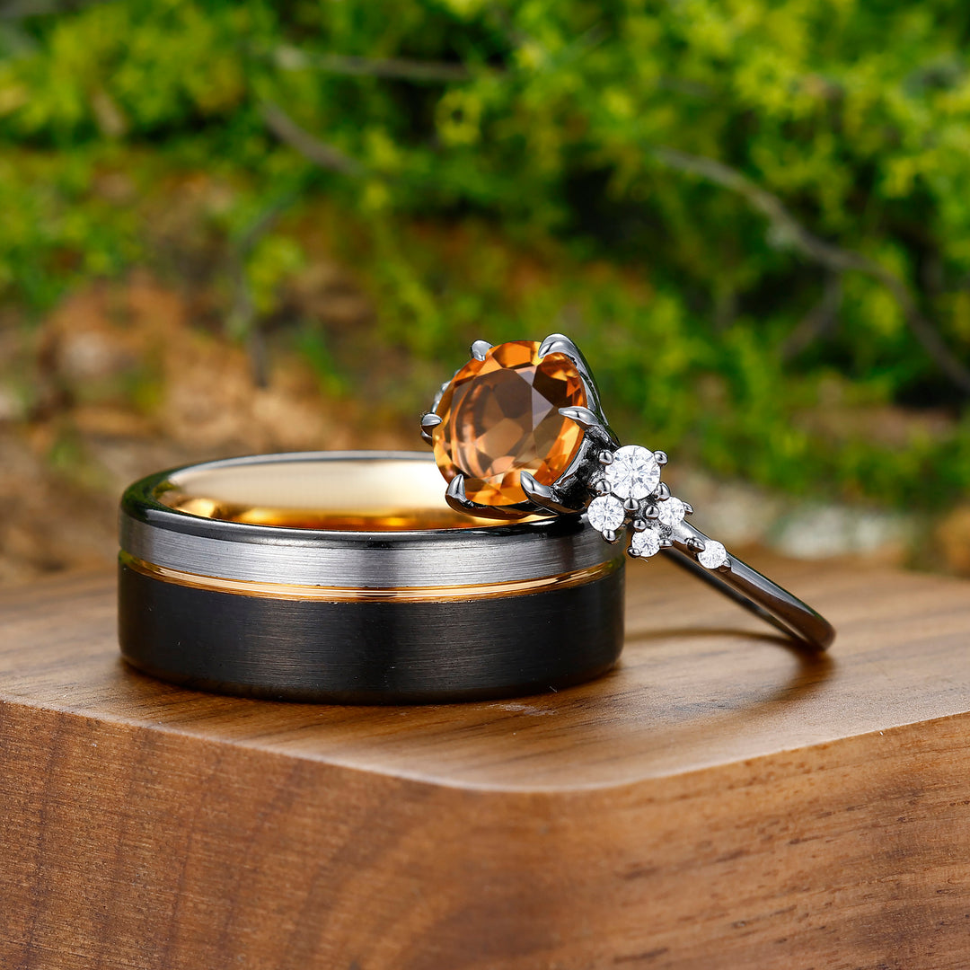 0.5CT Round Cut Citrine Engagement Couples Ring Set Sterling Silver And Tungsten Matching Ring