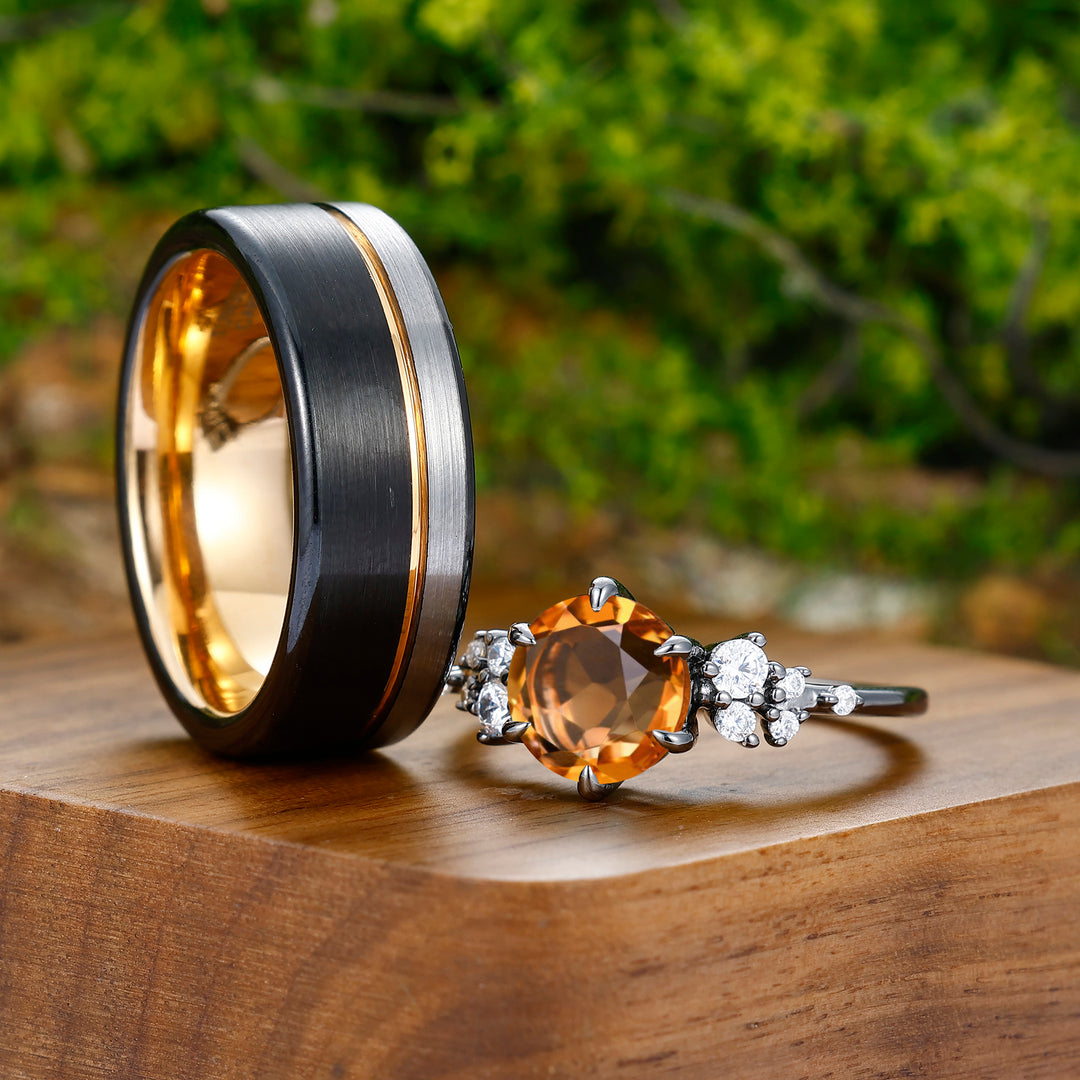 0.5CT Round Cut Citrine Engagement Couples Ring Set Sterling Silver And Tungsten Matching Ring