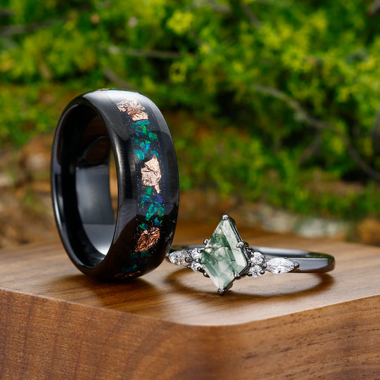 Vintage 1.3CT Kite Cut Natural Moss Agate Engagement Couples Ring Set