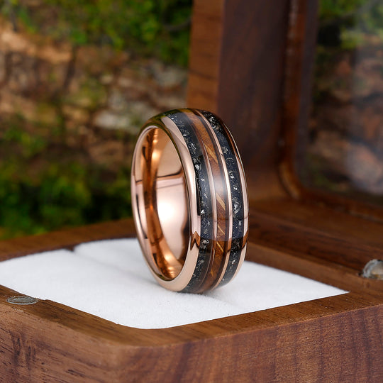 Wood Strips Black Meteorite Tungsten Wedding Band Rose Gold Plated Polished Dome Tungsten Men' s Anniversary Ring