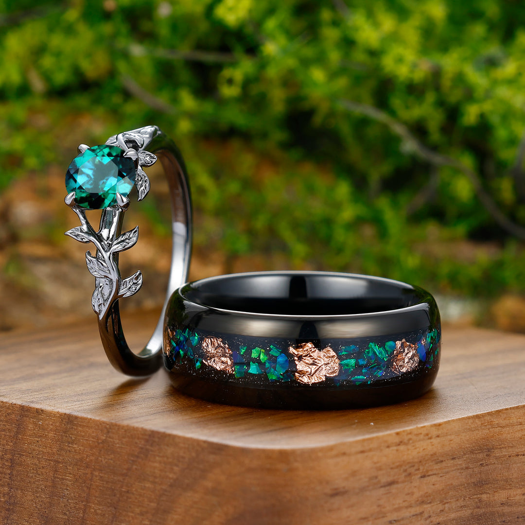 0.8CT Round Cut Emerald Engagement Couples Ring Set 925 Sterling Silver And Peacock Opal Tungsten Matching Ring