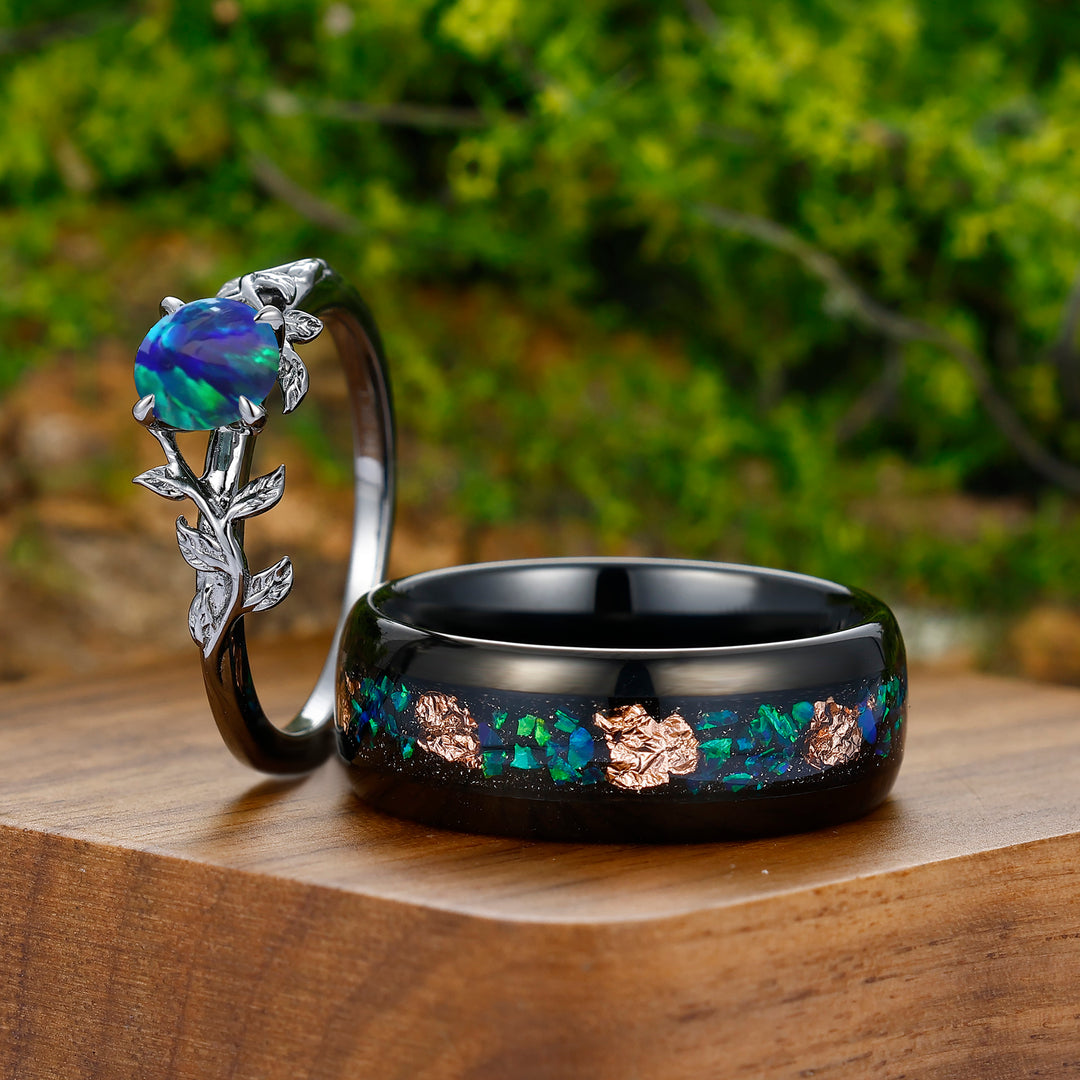 0.8CT Round Cut Peacock Green Opal Engagement Couples Ring Set 925 Sterling Silver And Tungsten Matching Ring