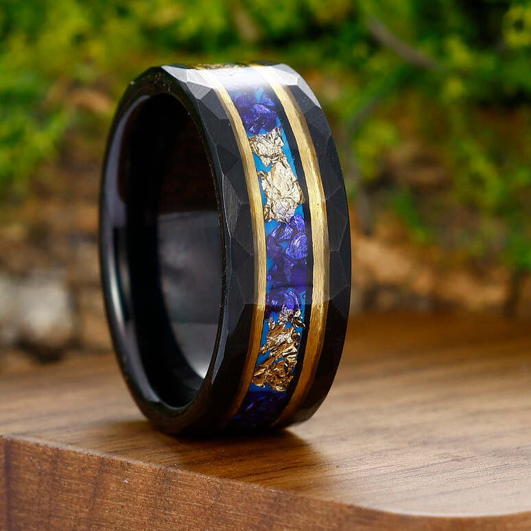 Blue Sapphire Gold Foil Hammered Men's 8mm Tungsten Ring Unisex Ring Gift