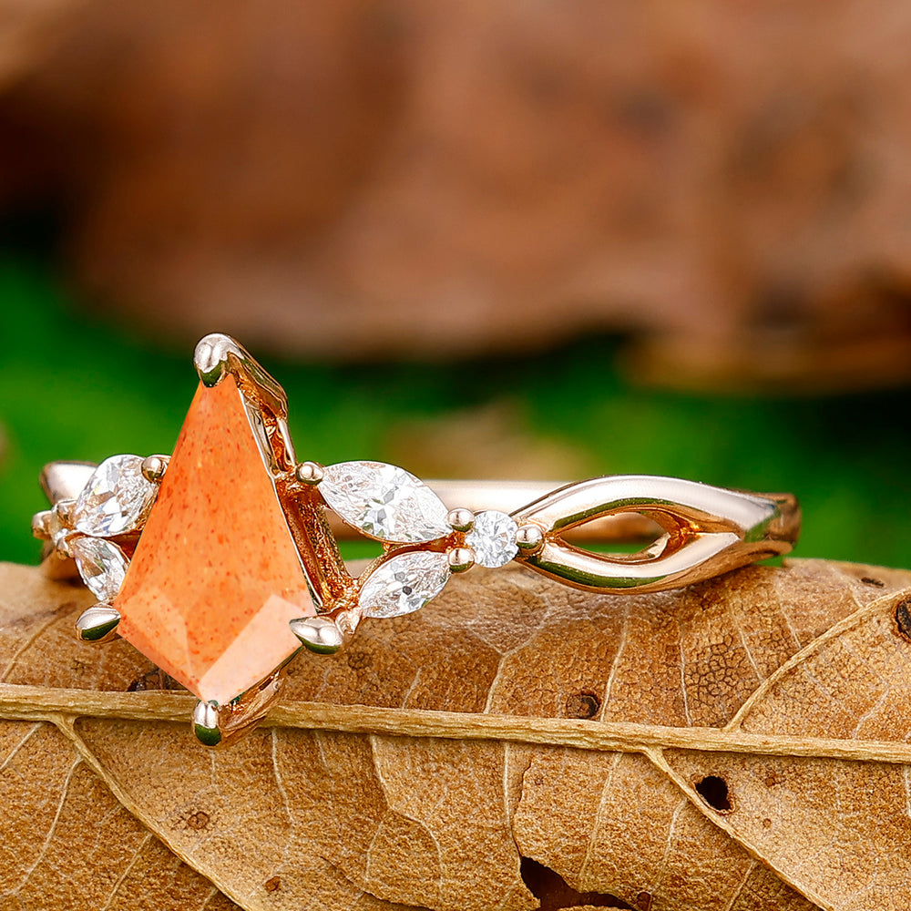 Dainty Prongs 1.35 Carat Kite Cut Sunstone Hollow Ring For Anniversary Gift