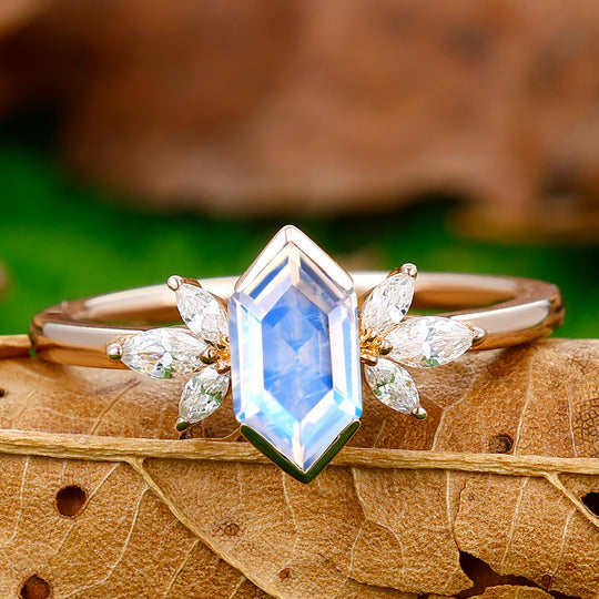 Antique Long Hexagon Cut Moonstone Ring Marquise Moissanite Inlay Women Ring