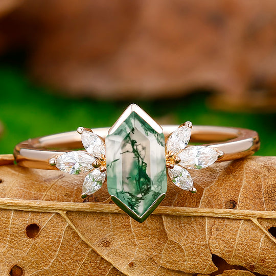 Classic Long Hexagon Cut Moss Agate Ring Marquise Moissanite Inlay Promise Ring