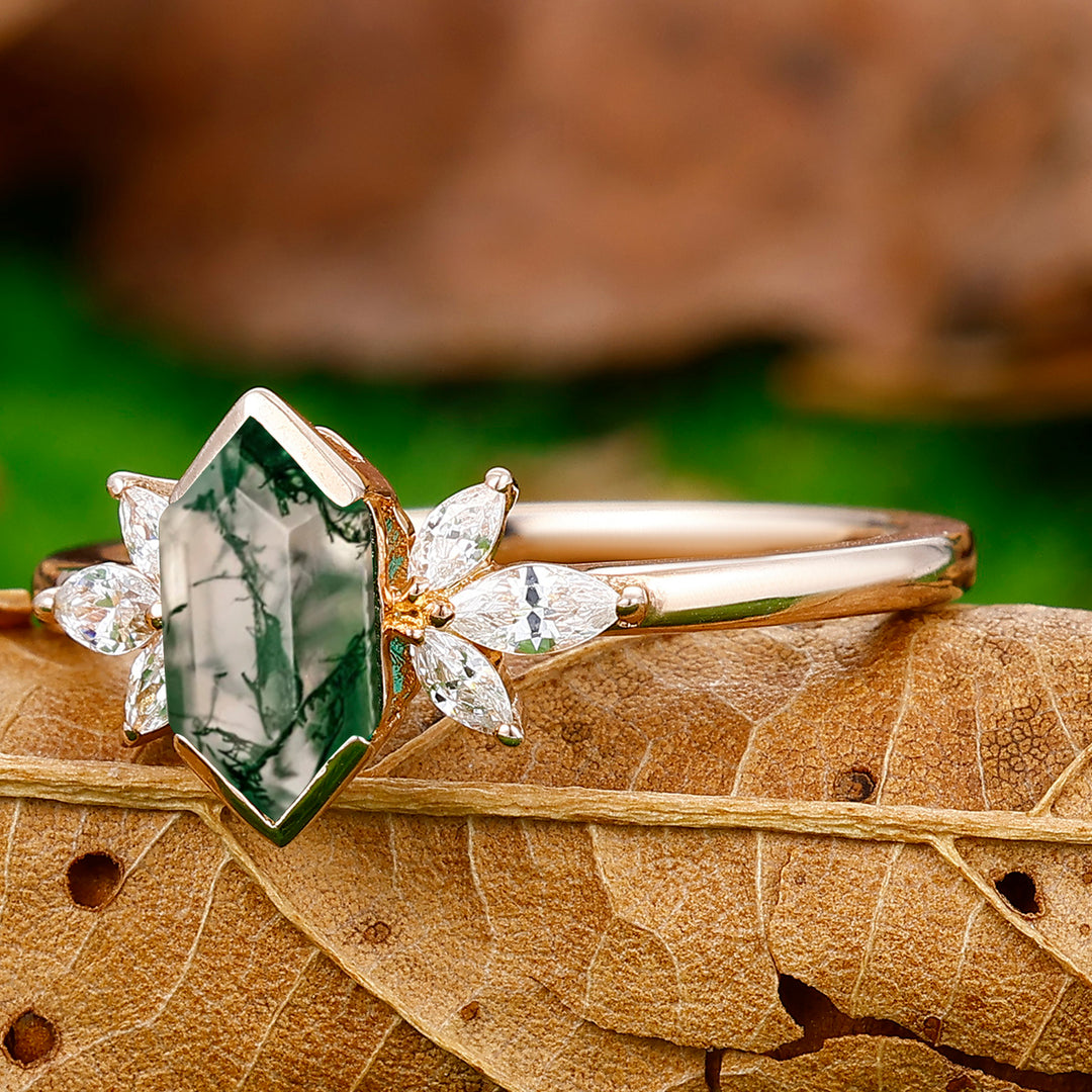 Classic Long Hexagon Cut Moss Agate Ring Marquise Moissanite Inlay Promise Ring